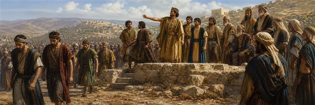 Rehoboam gesturing toward young advisers while northern representatives walk away